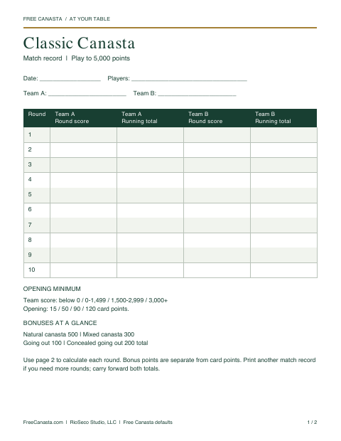 Preview of the Classic Canasta printable match record