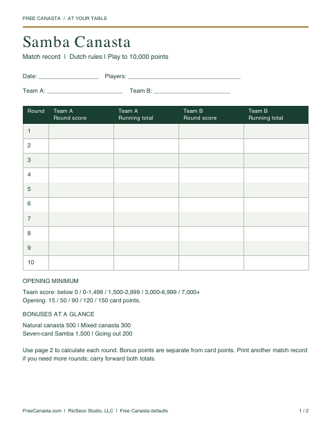 Preview of the Samba Canasta printable match record